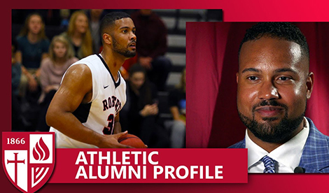 A red background, the Roberts logo, the words Athletic Alumni Profile, an image of Malik Dare playing basketball in a Roberts uniform, and Malik Dare's headshot.