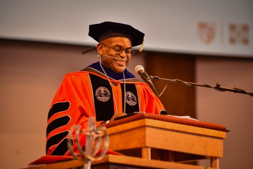 President Hayles smiles down while giving his address at inauguration.