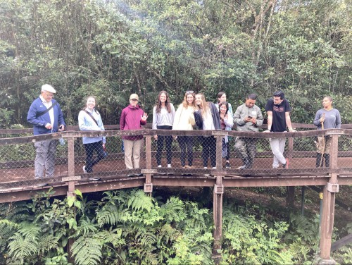 Students, Dr. McPherson, and tour guides pose for photo on a bridge