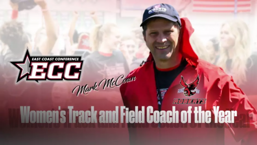 Mark McCown smiles. The words Mark McCown Women's Track and Field Coach of the Year. ECC and Roberts Athletics logos