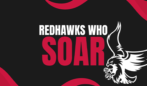 Black background with white bird logo and red squiggles. The image says Redhawks Who Soar.