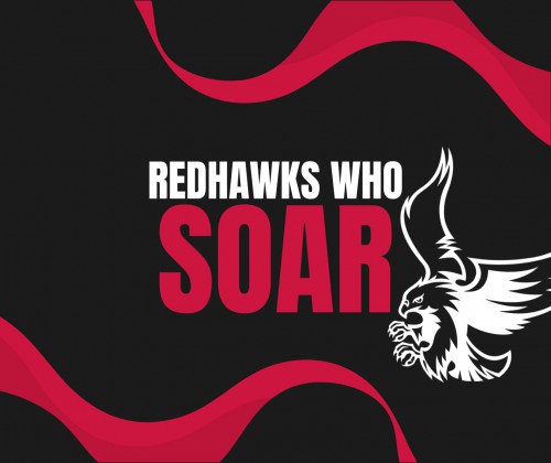 Redhawks Who Soar with a black background and the Roberts athletics Redhawk in white