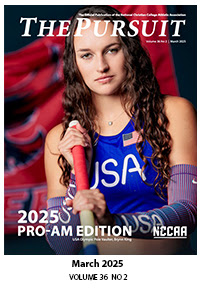 Brynn King holods pole vault pole with a serious expression while wearing a USA track and field uniform. The words The Pursuit 2025 PRO-AM Edition NCCAA