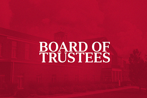 A photo of campus with red overlayed and "Board of Trustees" in text